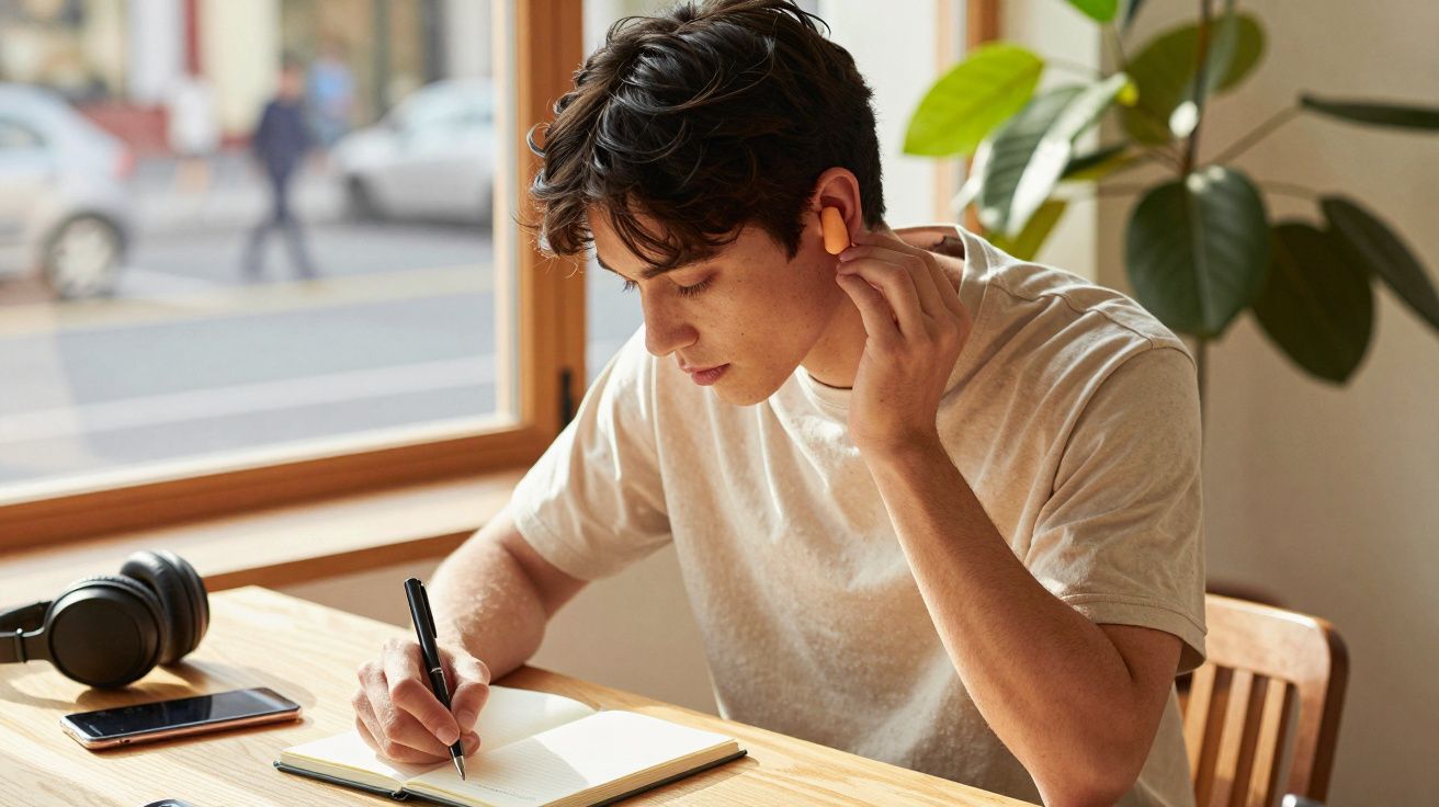 Młody mężczyzna w białej koszulce piszący w notesie przy biurku z rośliną w tle.