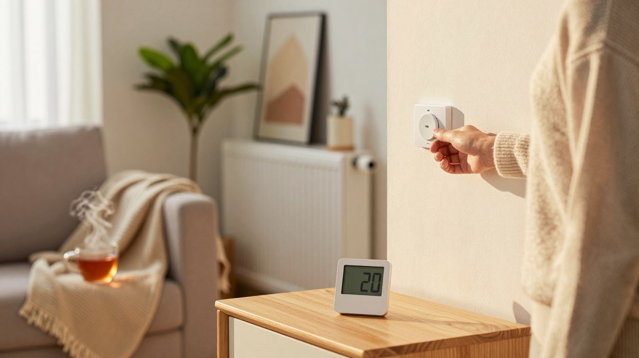 Osoba reguluje termostat na ścianie w przytulnym pokoju, obok stolik z cyfrowym termometrem pokazującym 20 stopni.