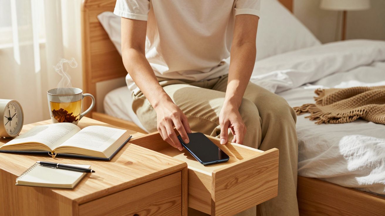 Osoba siedzi na łóżku, wkłada telefon do szuflady stolika nocnego, z boku książka, zeszyt i gorąca herbata.