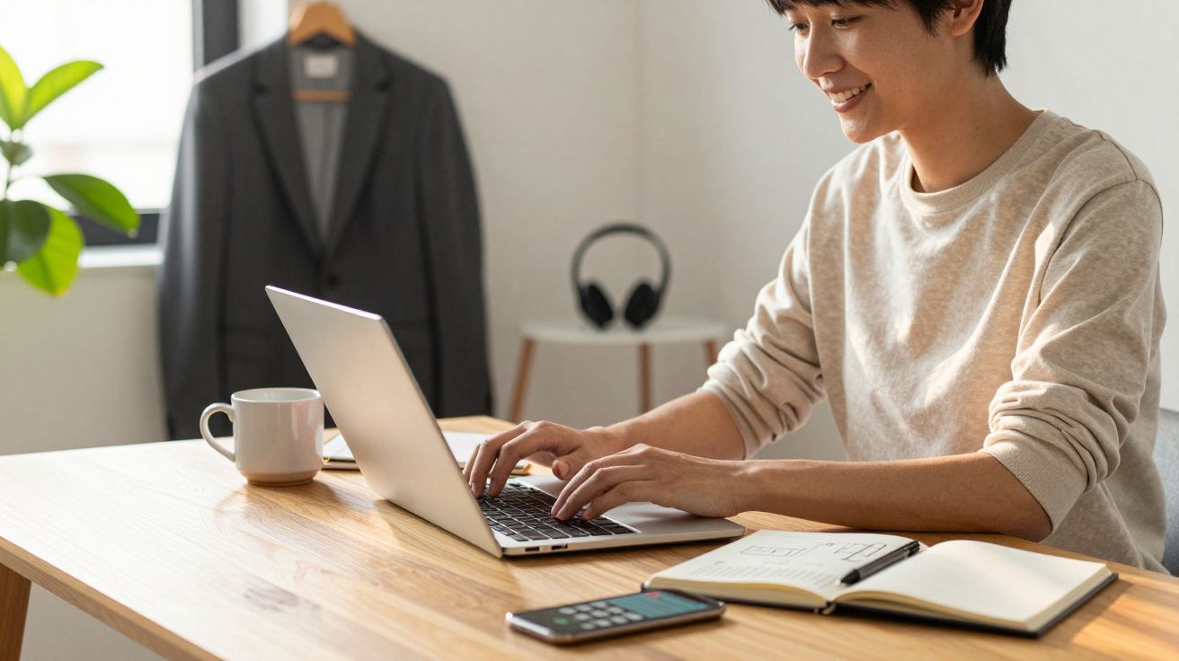 Osoba pracująca przy laptopie na biurku z notatkami, telefonem i kawą; w tle wisi garnitur.