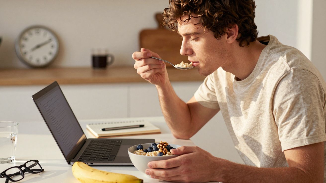 Mężczyzna je owsiankę przed laptopem przy stole, obok leżą banan, okulary i notes.