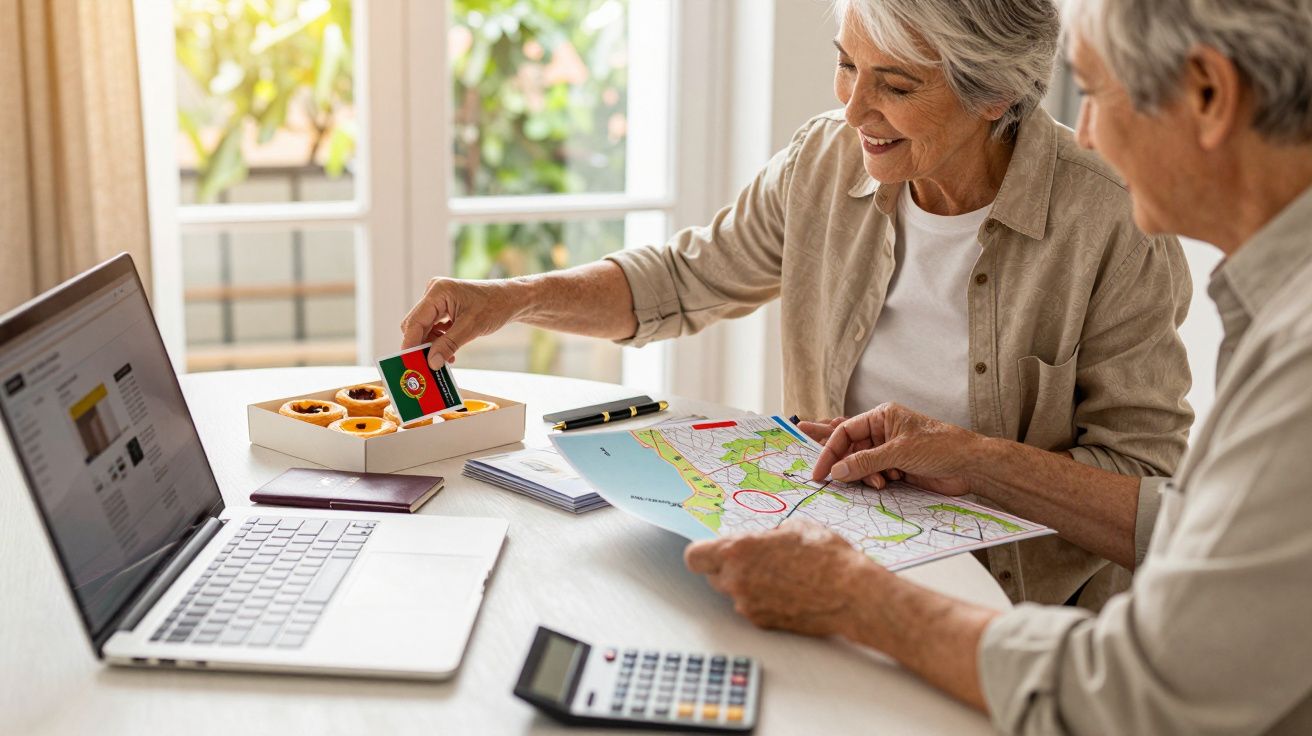 Starsza para planująca podróż przy stole z mapą, laptopem, ciastkami i flagą.
