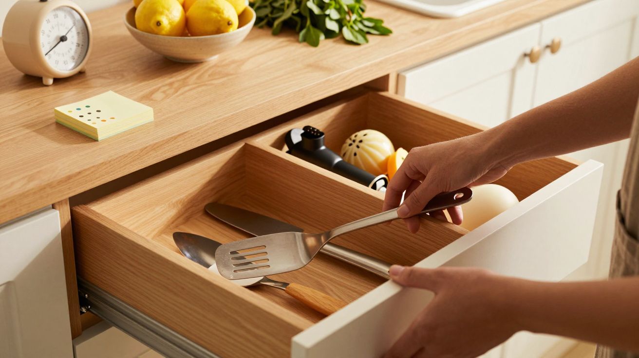 Ręce otwierające szufladę z przyborami kuchennymi, na blacie cytryny, zioła i zegar.