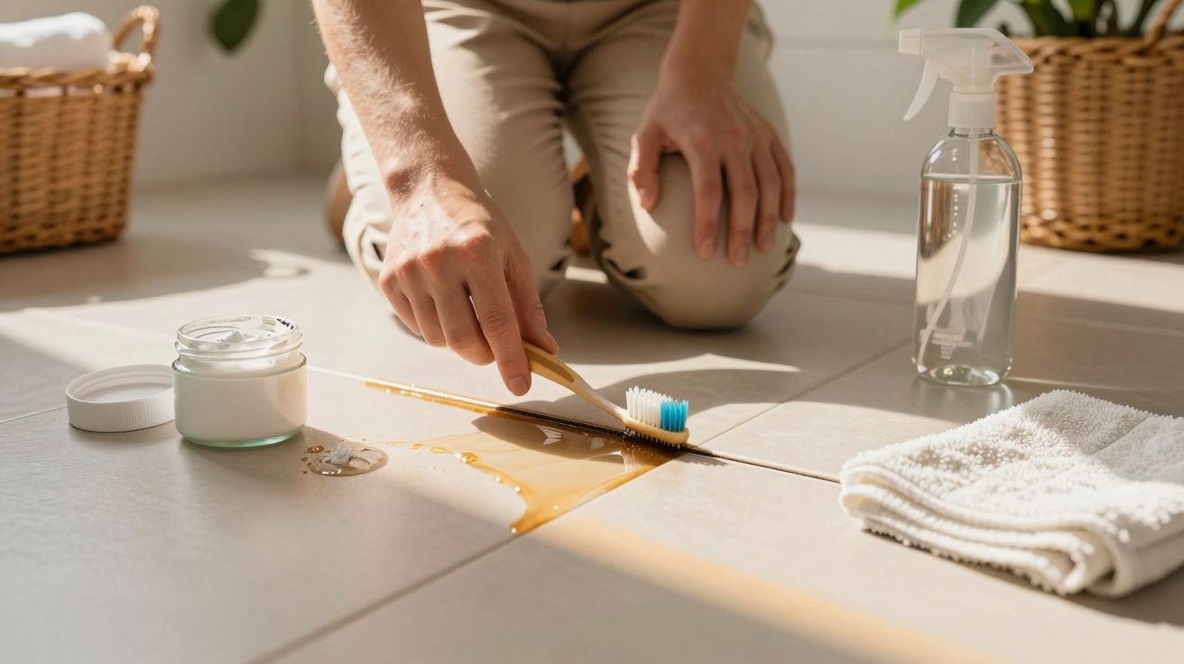 Osoba czyszcząca płytki podłogowe szczoteczką do zębów, obok stoi pojemnik z płynem i szmatka.