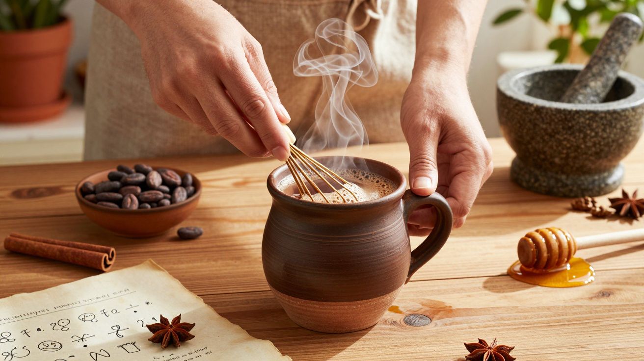 Osoba mieszająca gorącą czekoladę w kubku na drewnianym stole, obok kakao, miód i przyprawy.