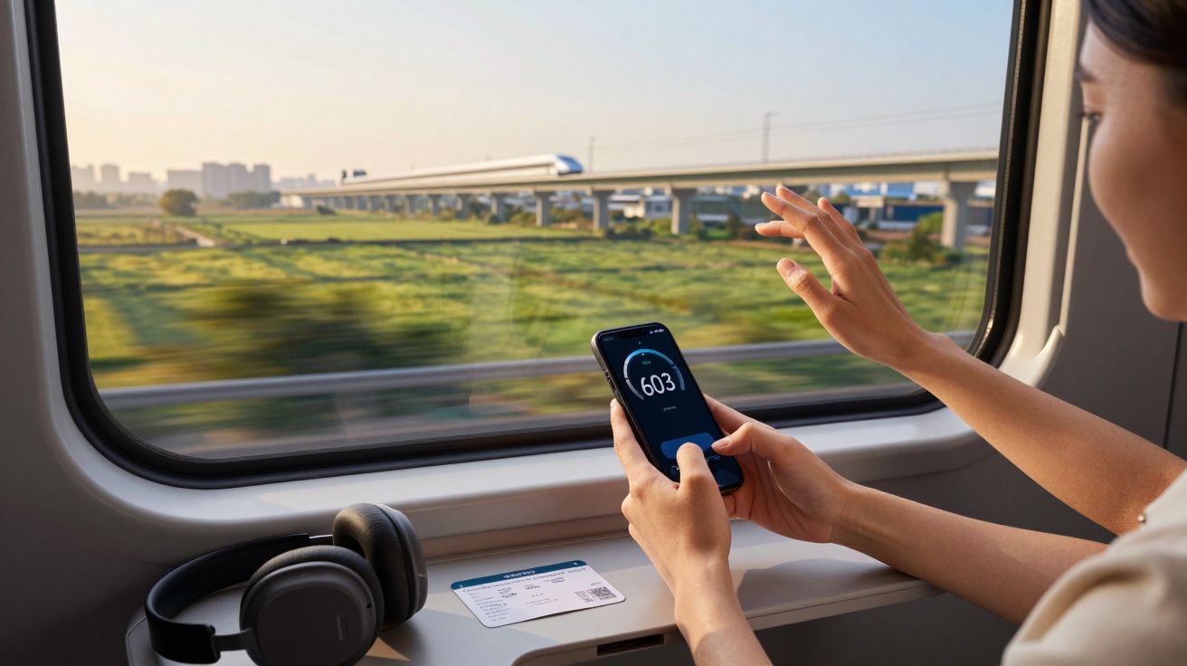 Osoba w pociągu ogląda widok za oknem, trzyma telefon z prędkościomierzem. Obok leżą słuchawki i bilet.