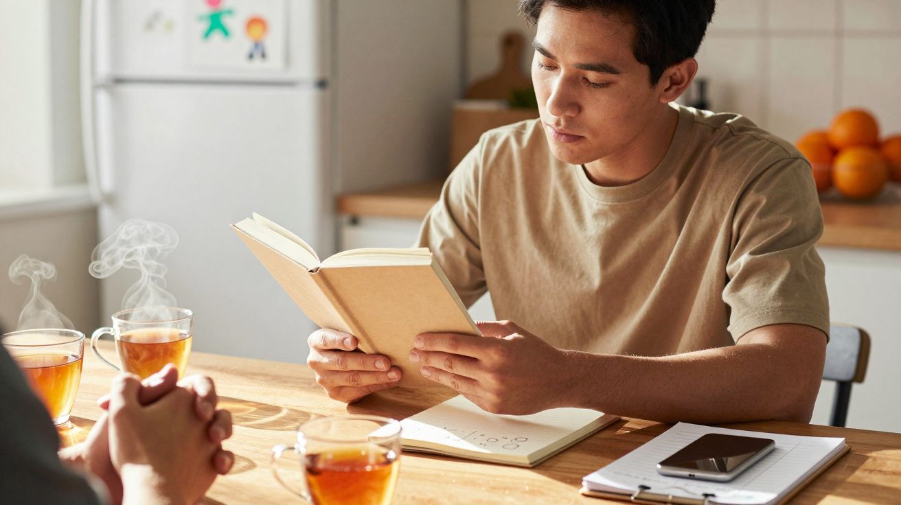 Mężczyzna czyta książkę przy stole, obok trzy filiżanki parującej herbaty, notatnik i telefon.