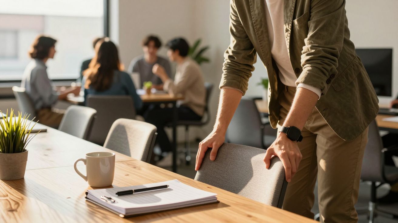Osoba przygotowująca się do spotkania w biurze, z grupą ludzi dyskutującą w tle.