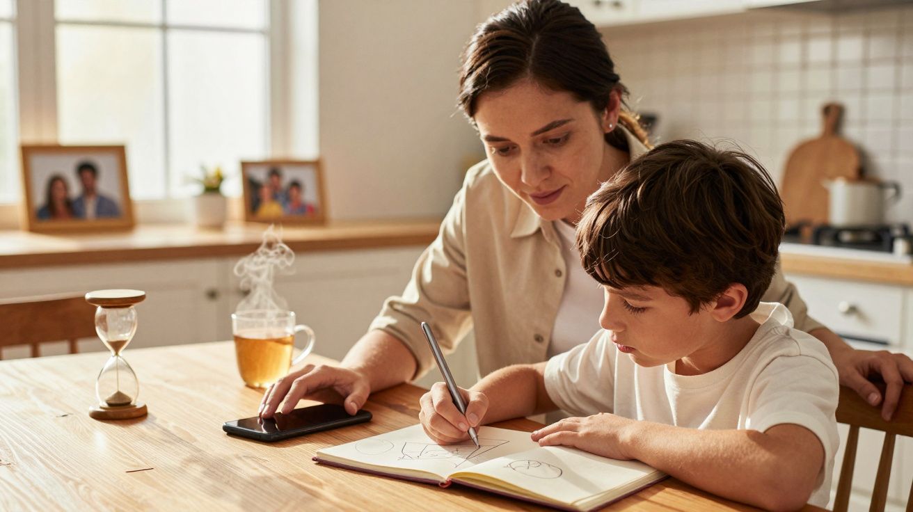 Kobieta pomaga chłopcu w odrabianiu lekcji przy stole w kuchni.