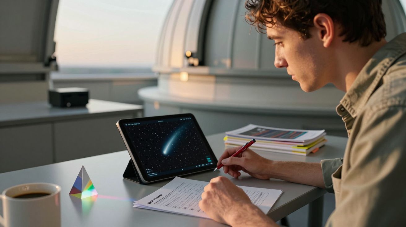 Mężczyzna przy biurku, patrzy na tablet z obrazem kosmosu, pisze coś na kartce. Obok leży piramida i kubek z kawą.