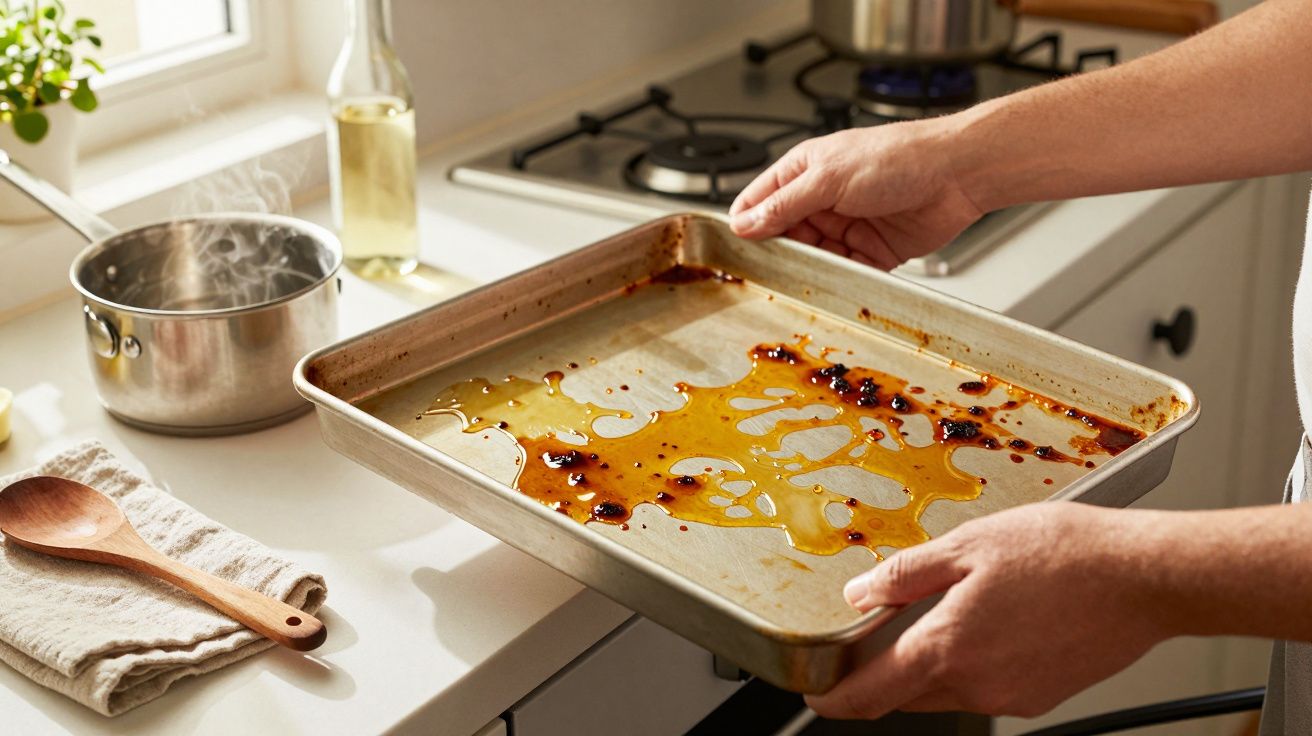 Mężczyzna trzyma blachę do pieczenia z resztkami sosu, obok garnka na kuchence i drewnianej łyżki na ręczniku.