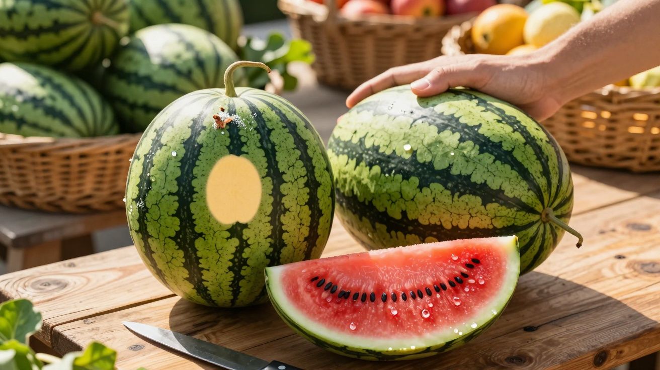 Arbuz przecięty na pół na drewnianym stole, z widocznymi czarnymi pestkami. W tle kosze z owocami.