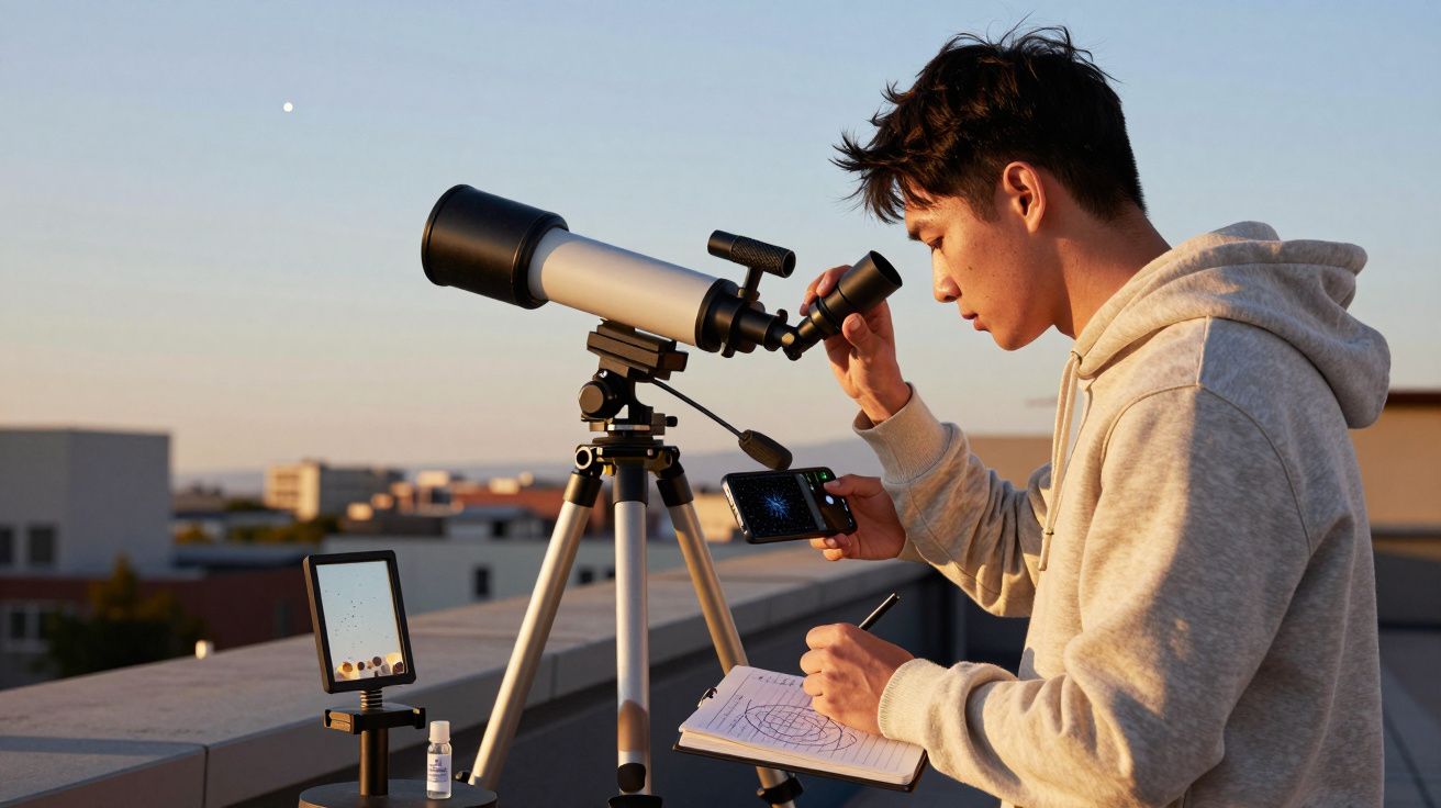 Mężczyzna w kapturze obserwuje niebo przez teleskop na dachu, trzymając notatnik i smartfon.