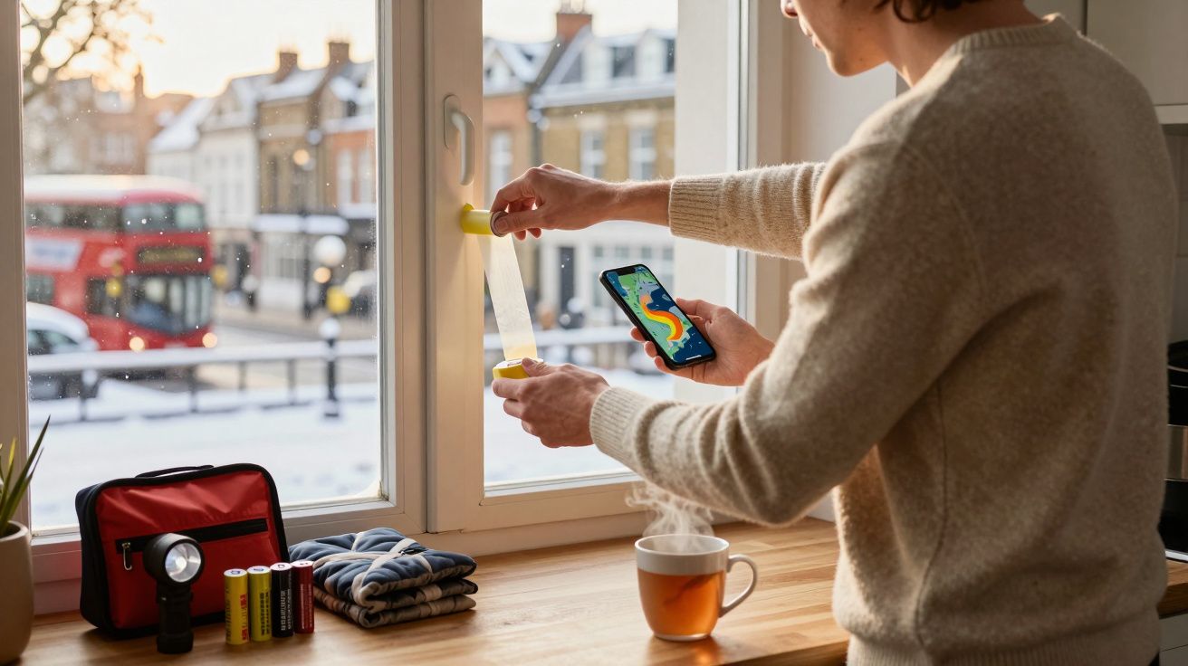 Osoba przy oknie patrzy na telefon, obok herbata, baterie i latarka, w tle widok na ulicę i czerwony autobus.