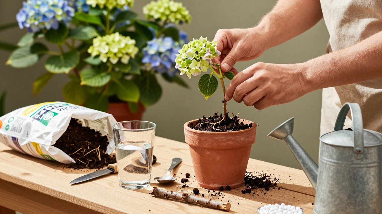 Osoba sadzi hortensję w doniczce na drewnianym stole, obok worek ziemi, szklanka wody i konewka.