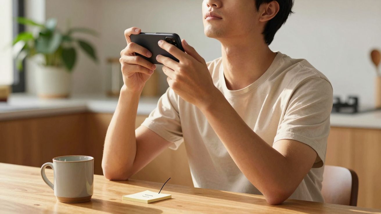 Mężczyzna przy stole w kuchni trzyma telefon, obok stoi filiżanka i leży notatnik.