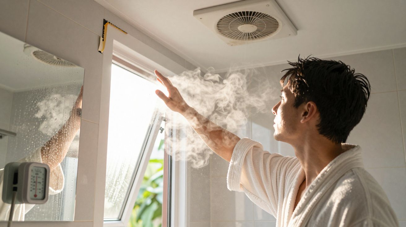 Mężczyzna w szlafroku otwiera okno, patrząc na parę unoszącą się w łazience.