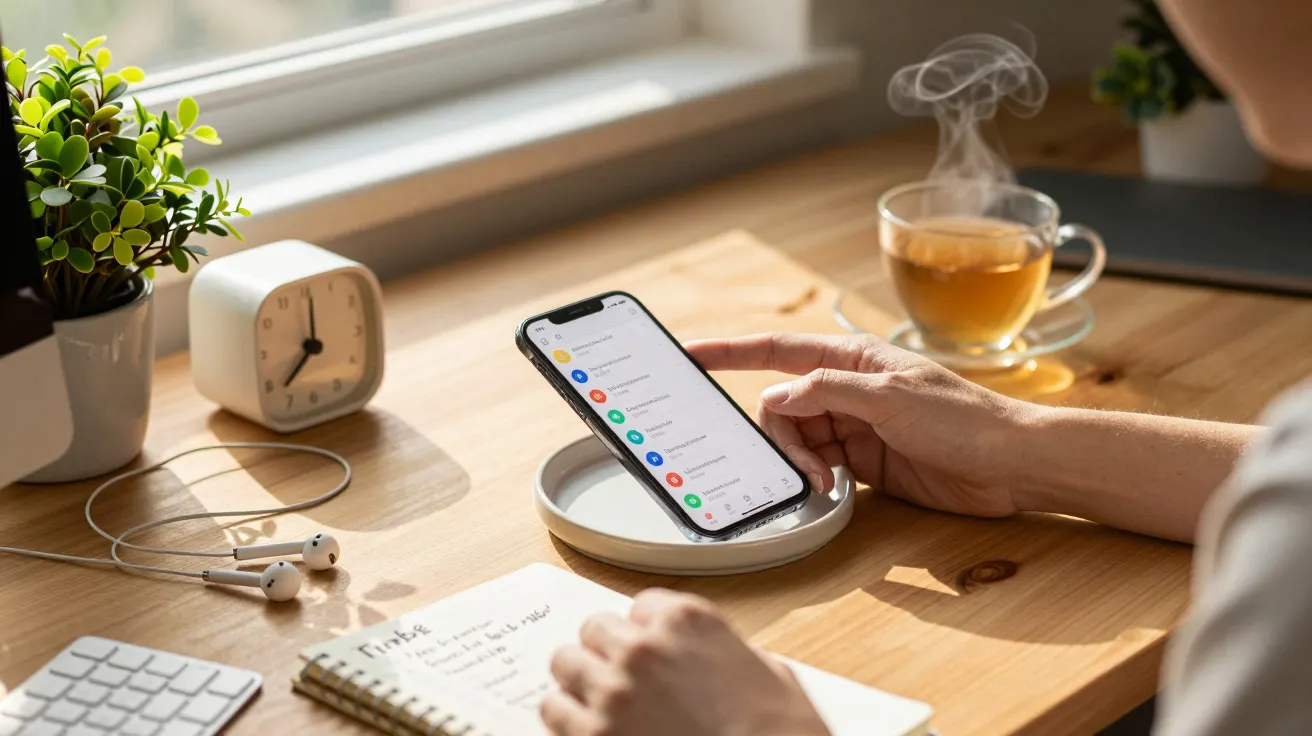 Osoba korzystająca z telefonu przy biurku z filiżanką herbaty, notesem, zegarem i rośliną przy oknie.