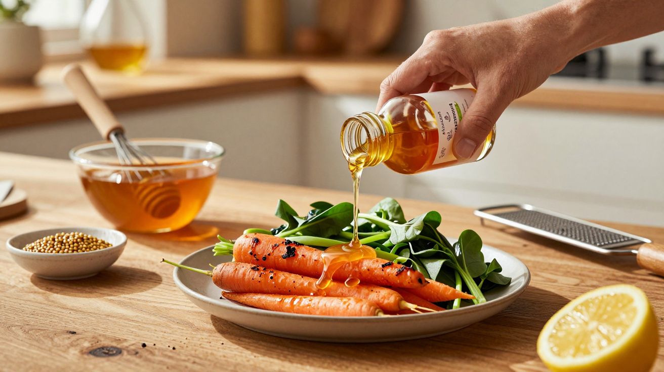 Ręka polewająca miodem marchewki na talerzu z rukolą, obok miska miodu i plasterek cytryny na drewnianym blacie.