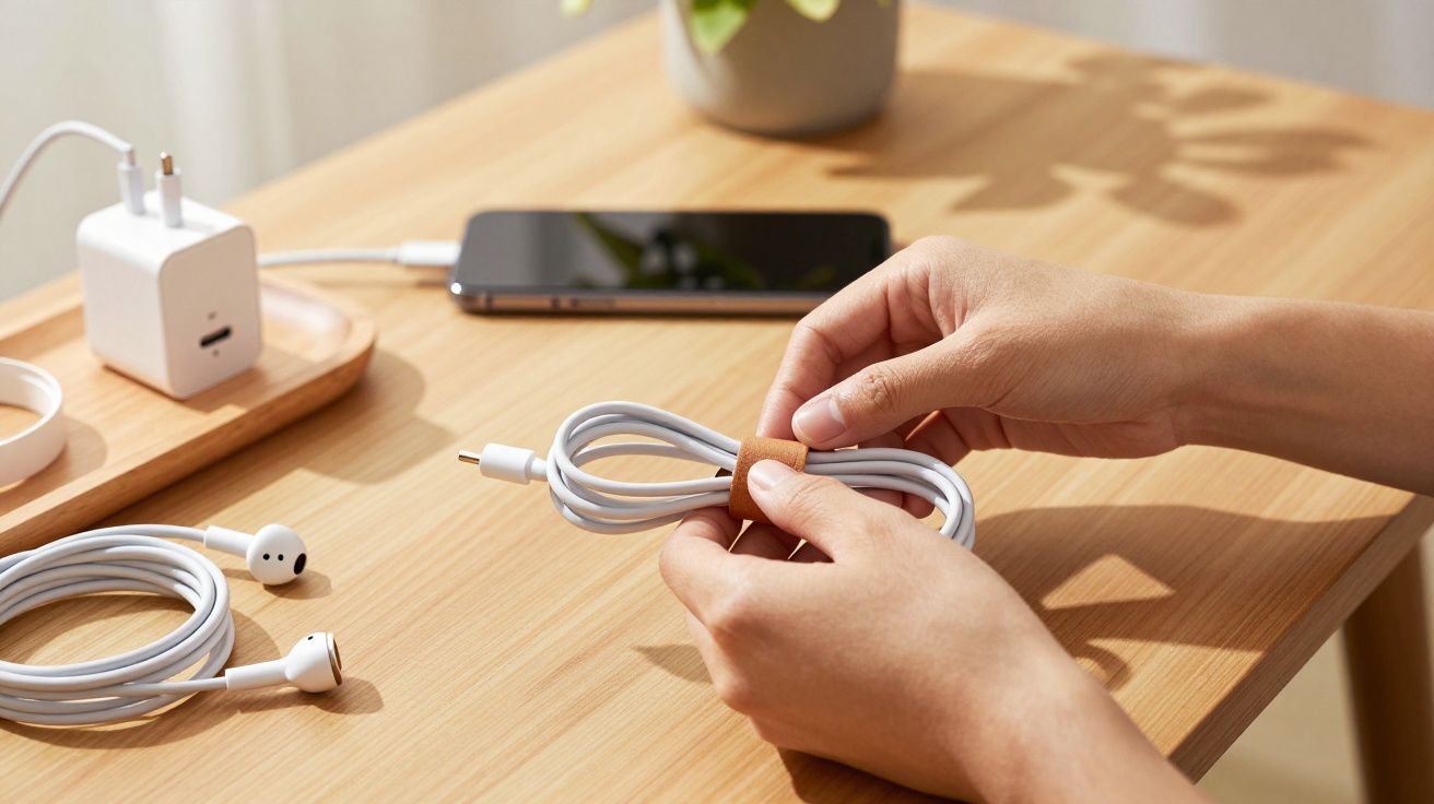 Osoba trzyma złożony kabel na drewnianym biurku obok słuchawek, ładowarki i telefonu.