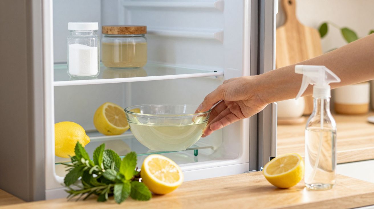 Osoba wkłada miskę z mieszaniną cytrynową do lodówki, obok cytryn, mięty oraz spray'u na blacie.