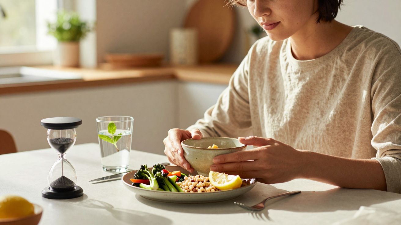 Osoba jedząca zdrowy posiłek z warzywami przy stole, z klepsydrą i szklanką wody obok.