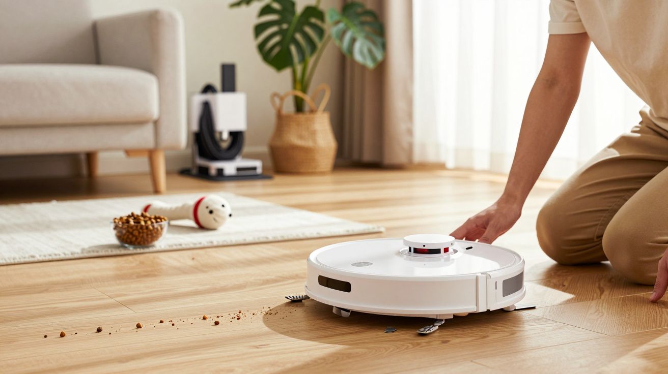 Osoba włącza robota odkurzającego na drewnianej podłodze z rozsypanymi płatkami obok dywanu w salonie.