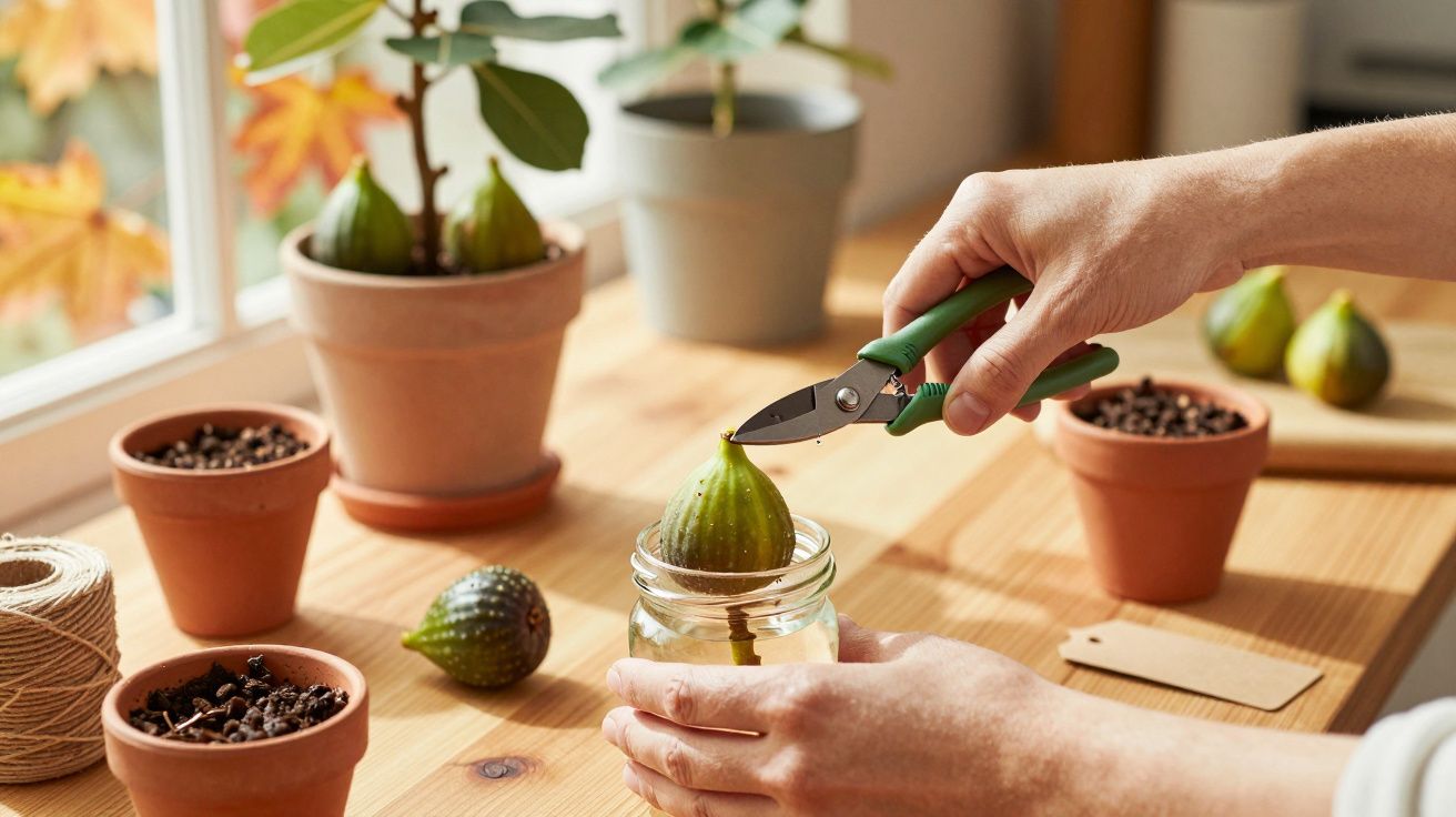 Osoba przycinająca figę w słoiku na drewnianym stole, otoczona doniczkami z roślinami.