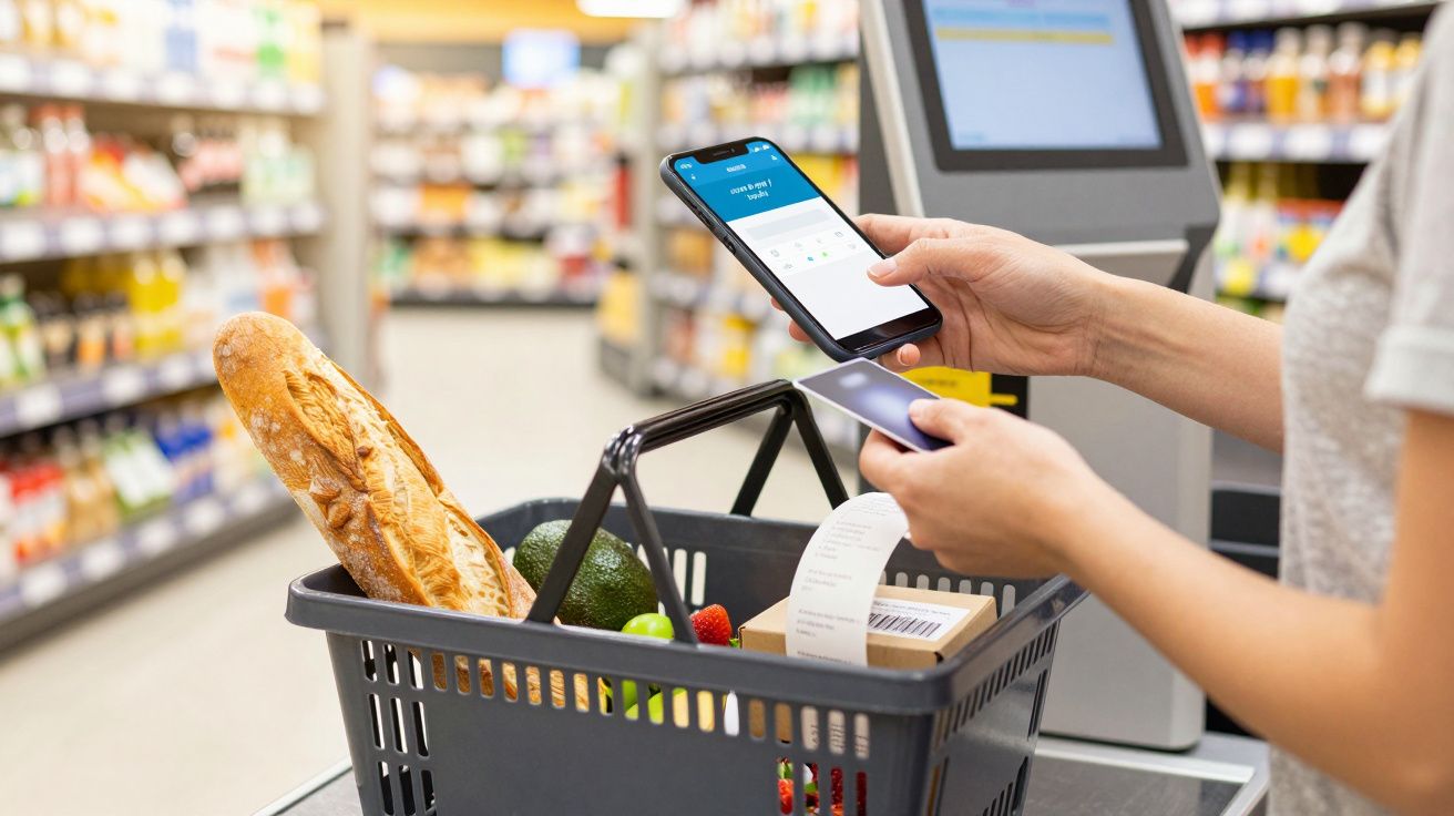 Osoba płaci za zakupy telefonem przy kasie, w koszyku są chleb, awokado i inne produkty.