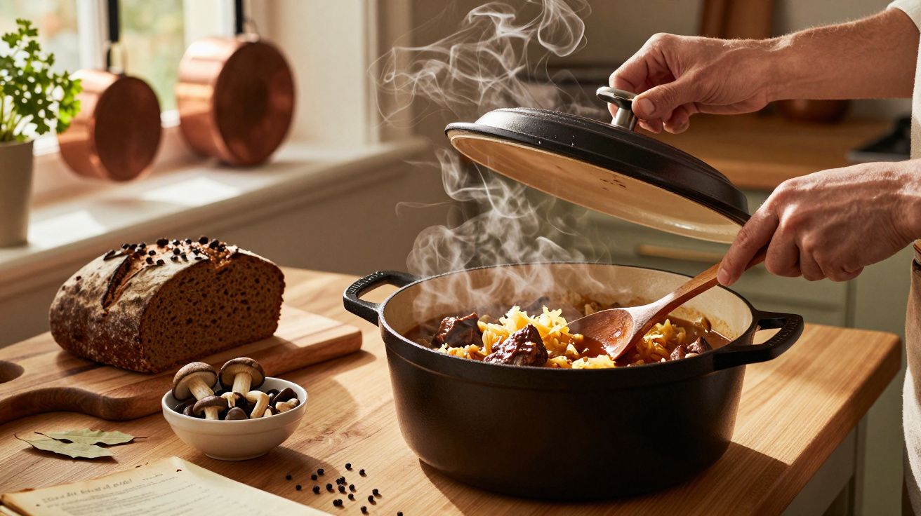 Para unosząca się z garnka z duszoną potrawą, obok leży chleb i miska z grzybami na drewnianym blacie kuchennym.