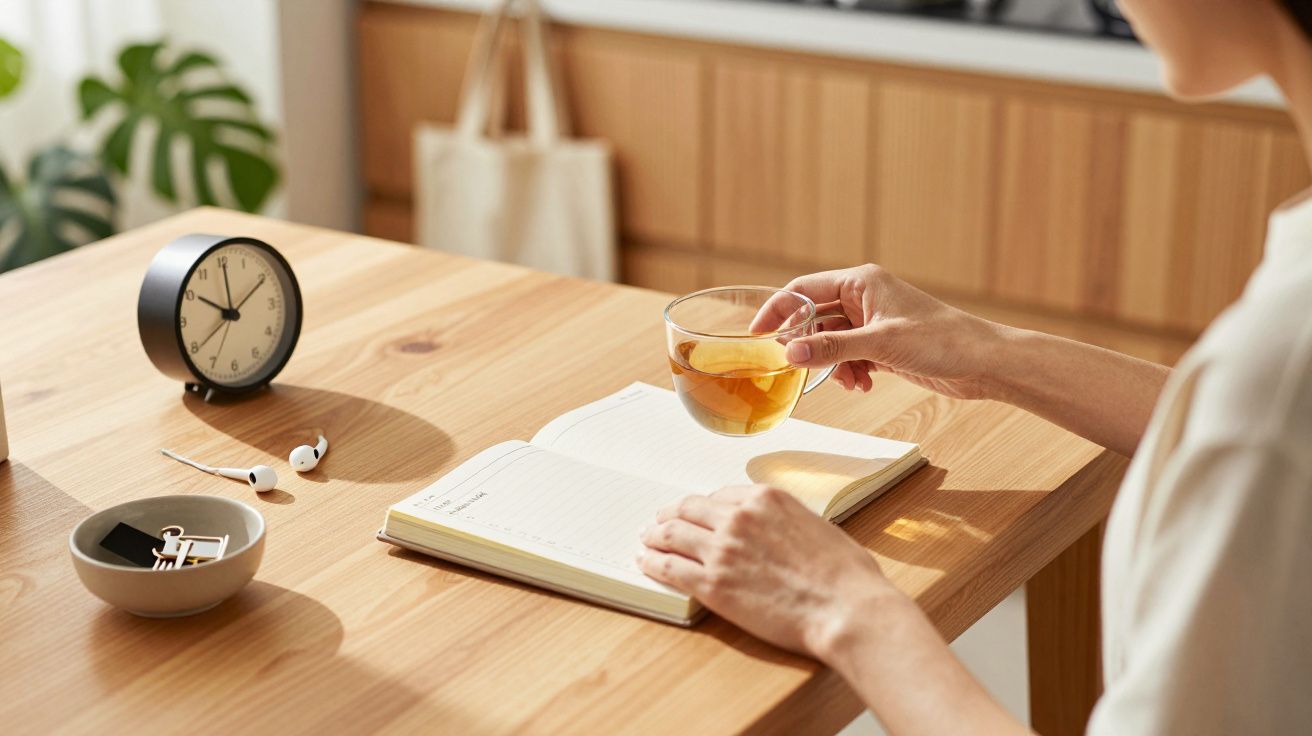 Osoba przy stole trzyma filiżankę herbaty, obok otwarty zeszyt, zegarek i miska z klipsami do papieru.