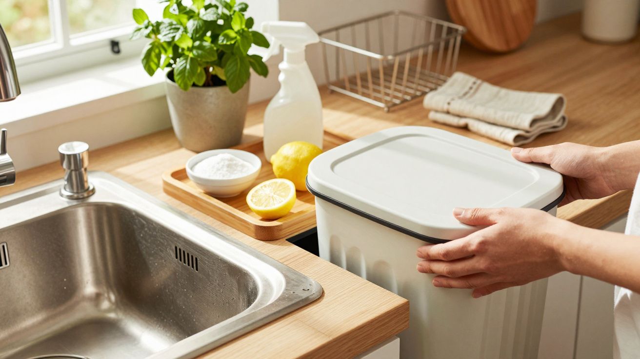 Osoba trzyma śmietnik w kuchni; blisko zlewu znajdują się rośliny, cytryna, soda i środki czystości.