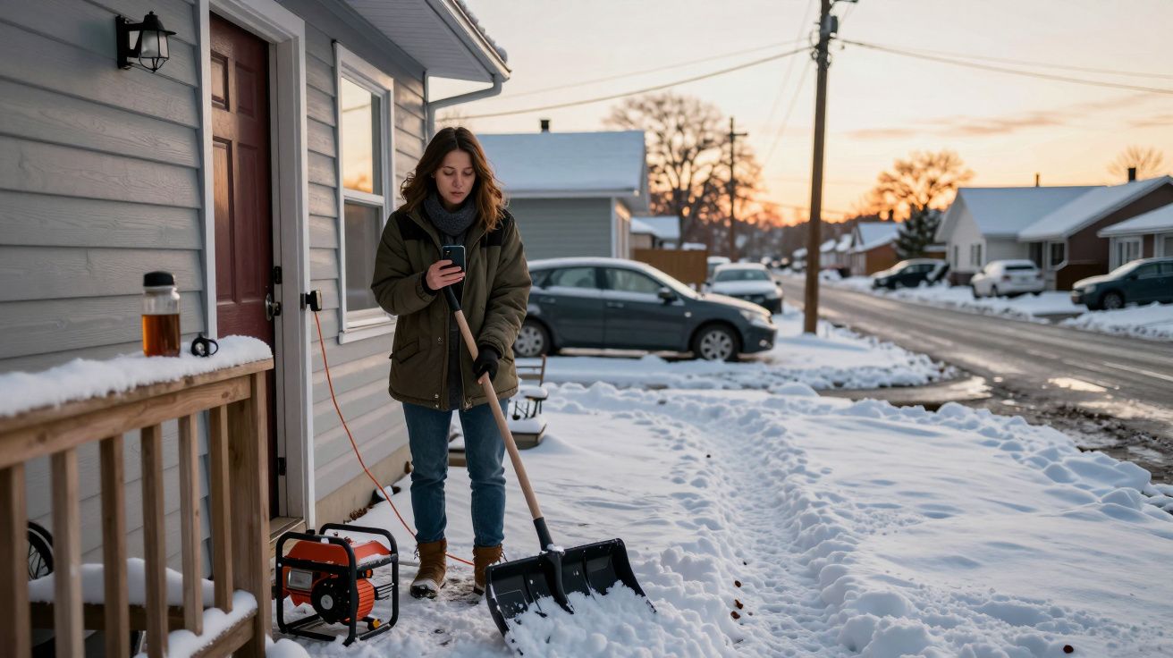Kobieta odśnieża chodnik przed domem, trzymając łopatę i patrząc na telefon. Obok generator prądu.