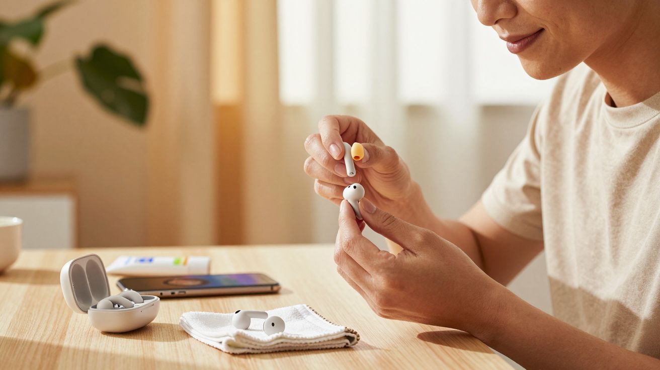 Osoba czyszcząca słuchawki douszne przy użyciu narzędzia na drewnianym stole obok telefonu i etui na słuchawki.