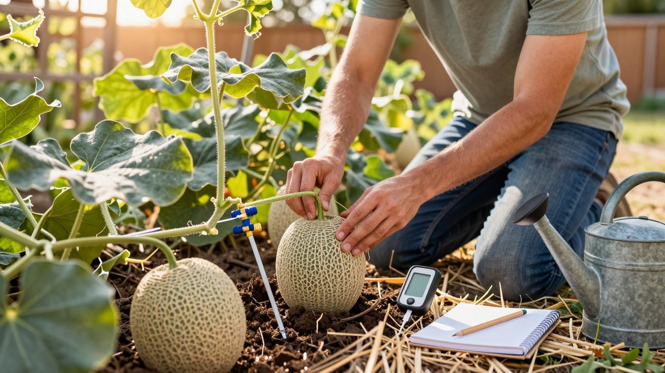 Osoba uprawiająca melony w ogrodzie, z konewką, notatnikiem i termometrem w tle.