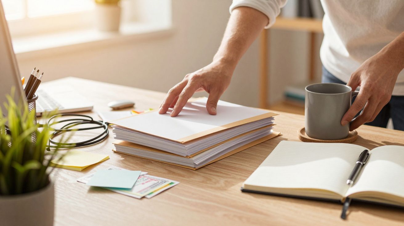 Osoba przy biurku, sięgająca po dokumenty, z kubkiem i otwartym notatnikiem obok.