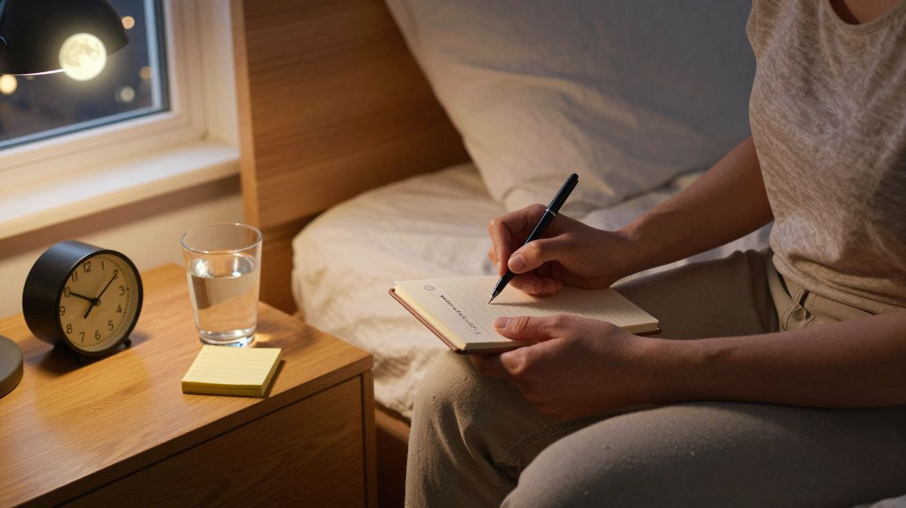 Osoba siedząca na łóżku pisze w notatniku; obok szklanka wody i zegar na nocnym stoliku.