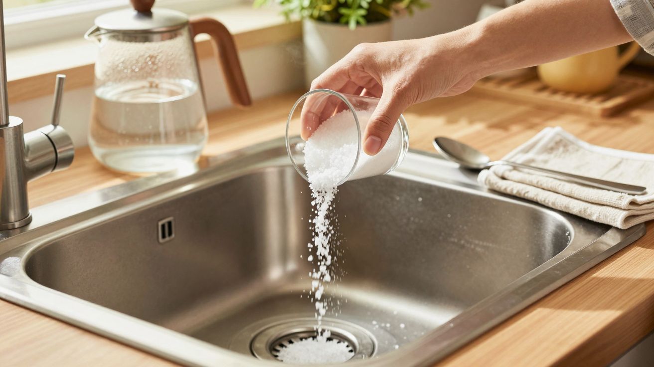 Ręka wsypująca sól do zlewu kuchennego. W tle czajnik z wodą i naczynia.