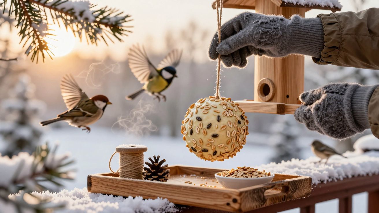 Osoba w rękawiczkach wieszająca kulę z ziarnami na karmniku dla ptaków w zimowym otoczeniu, dwa ptaki w locie obok.