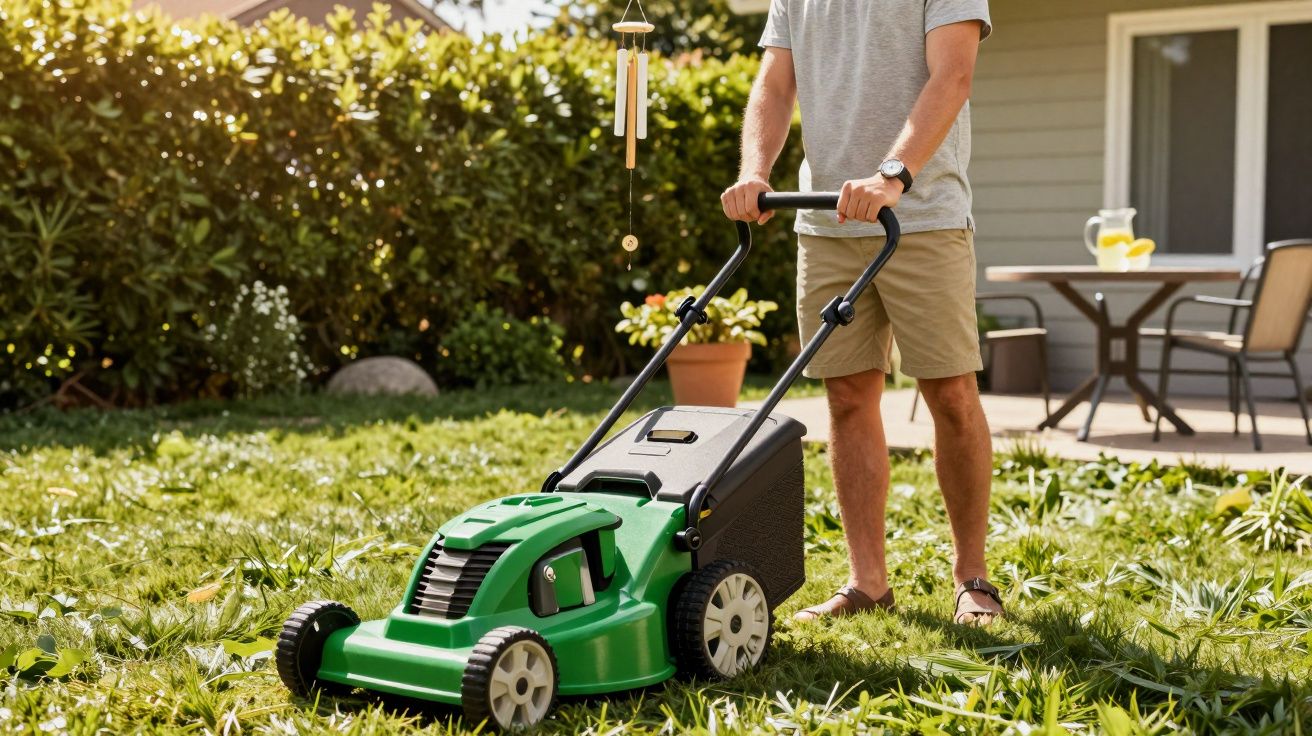 Osoba kosząca trawnik zieloną kosiarką w słonecznym ogródku z patio w tle.