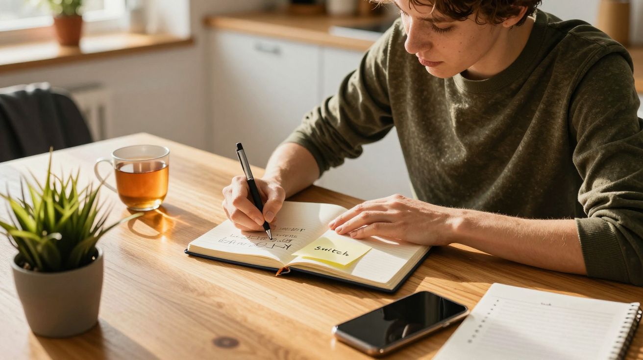 Mężczyzna pisze w notesie przy biurku, obok filiżanka herbaty, smartfon i roślina.